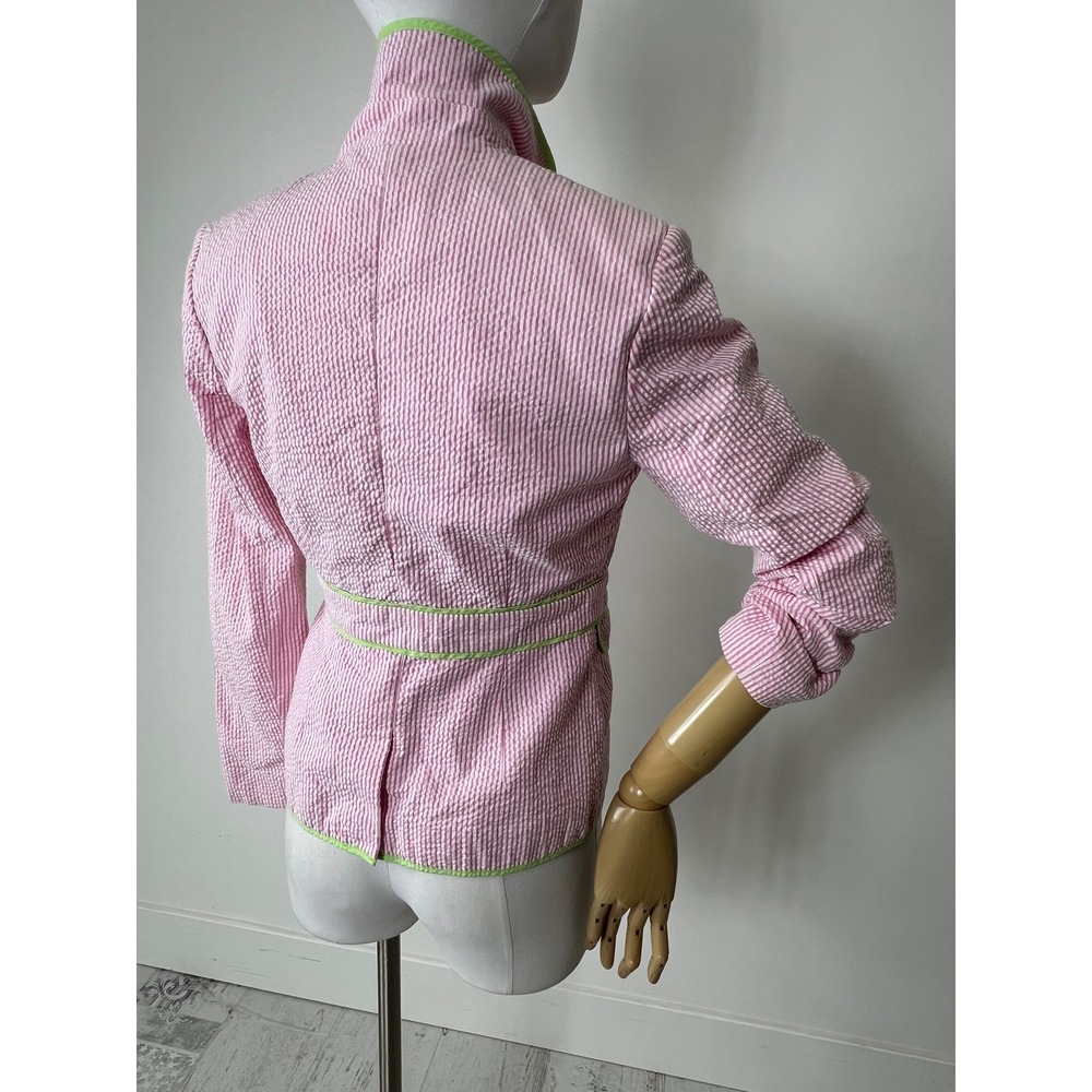 Pink Seersucker Blazer Lime Green Trim Striped Preppy Jacket Women - Picture 6 of 6